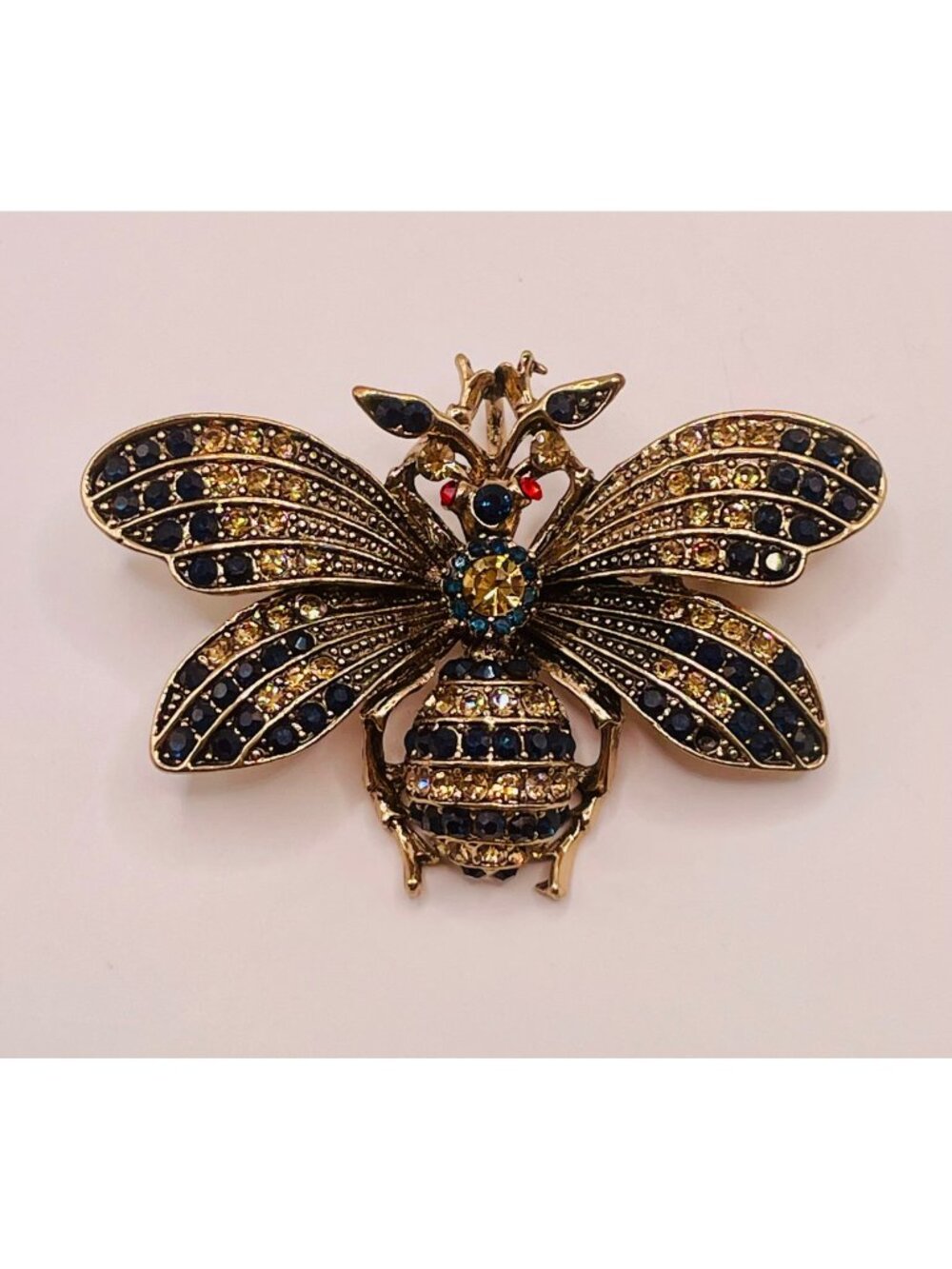 Vintage Inspired Gold Tone Bee Brooch Multicolor Rhinestones -31B